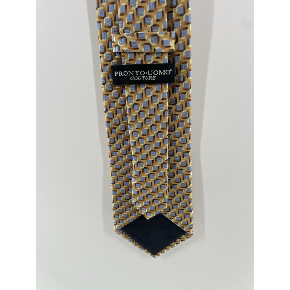 Pronto Uomo Couture Designer Necktie Luxury Silk Gold Blue Geometric Pattern 3.5